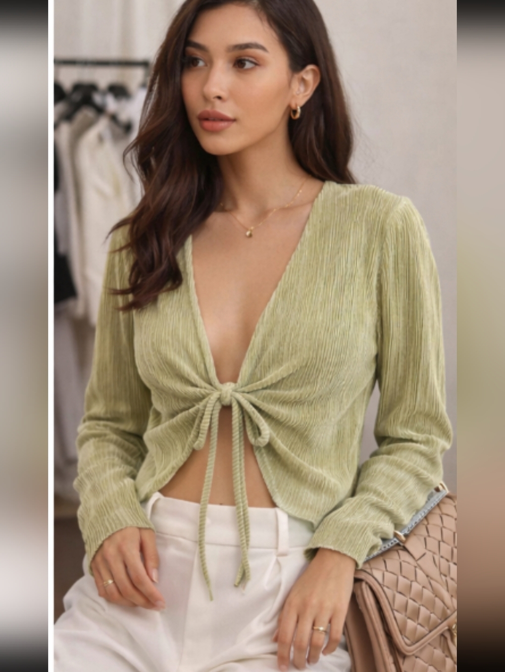 ✨ Soft Sage Pleated Tie-Front Cardigan ✨